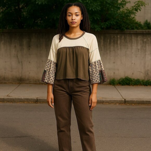 Oddy Womens Medium Large Boho Batwing Sleeves Linen Blend Crop Top Shirt M L - Picture 1 of 11